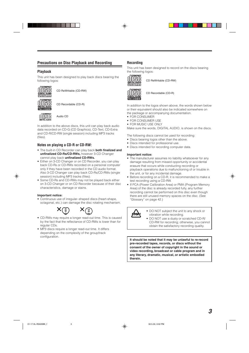 Precautions on disc playback and recording | JVC XL-R5020BK User Manual | Page 5 / 50