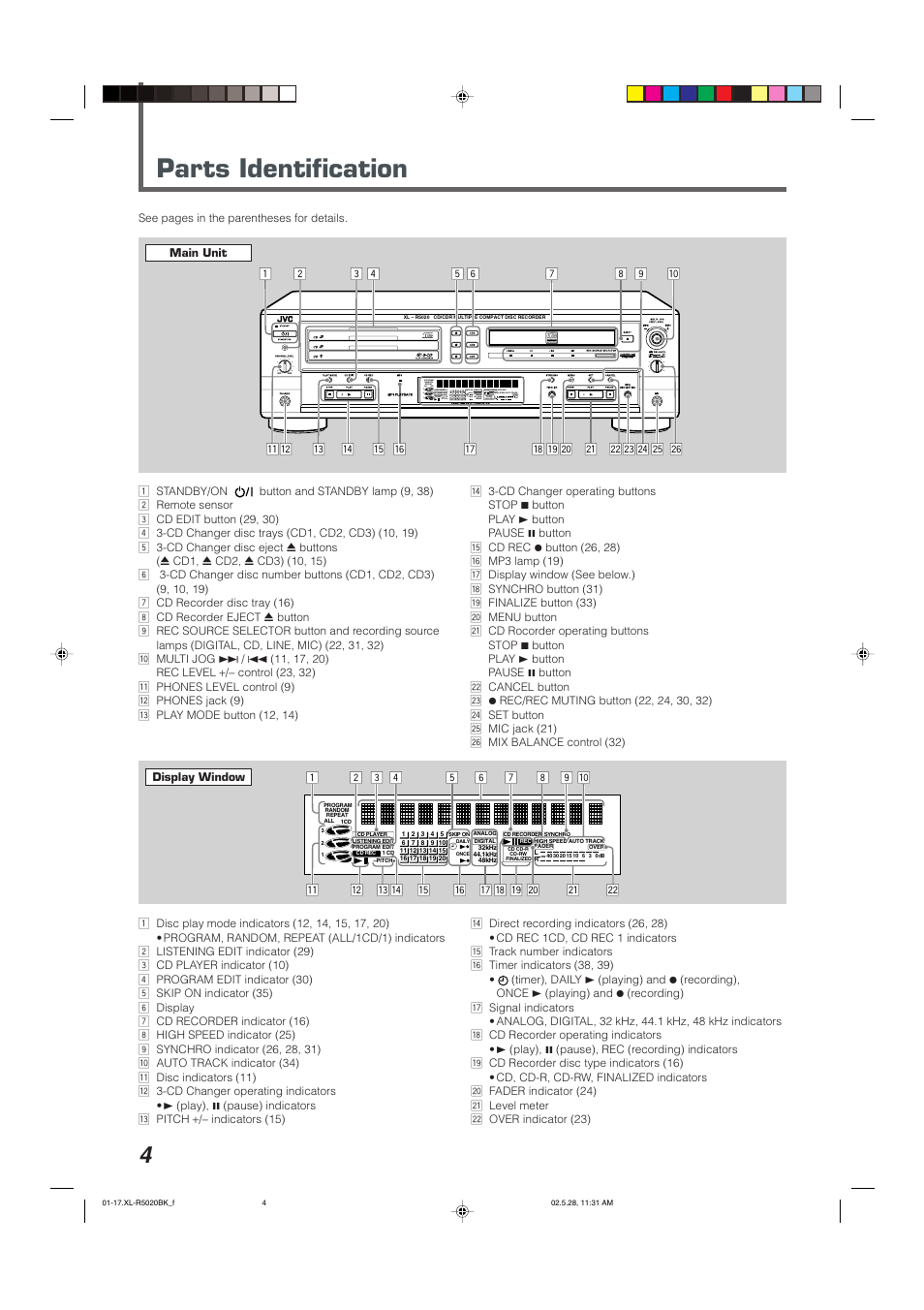 Parts identification, Compact digital audio recordable rewritable, Analog digital | JVC XL-R5020BK User Manual | Page 6 / 50