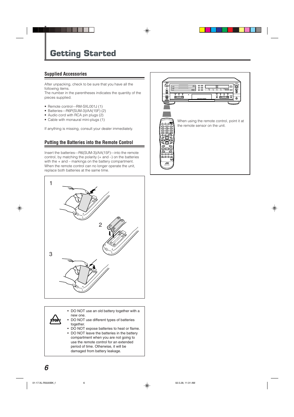 Getting started, Supplied accessories, Putting the batteries into the remote control | Standby/on play, Remote control, Mode, Repeat cd cdr, Control | JVC XL-R5020BK User Manual | Page 8 / 50