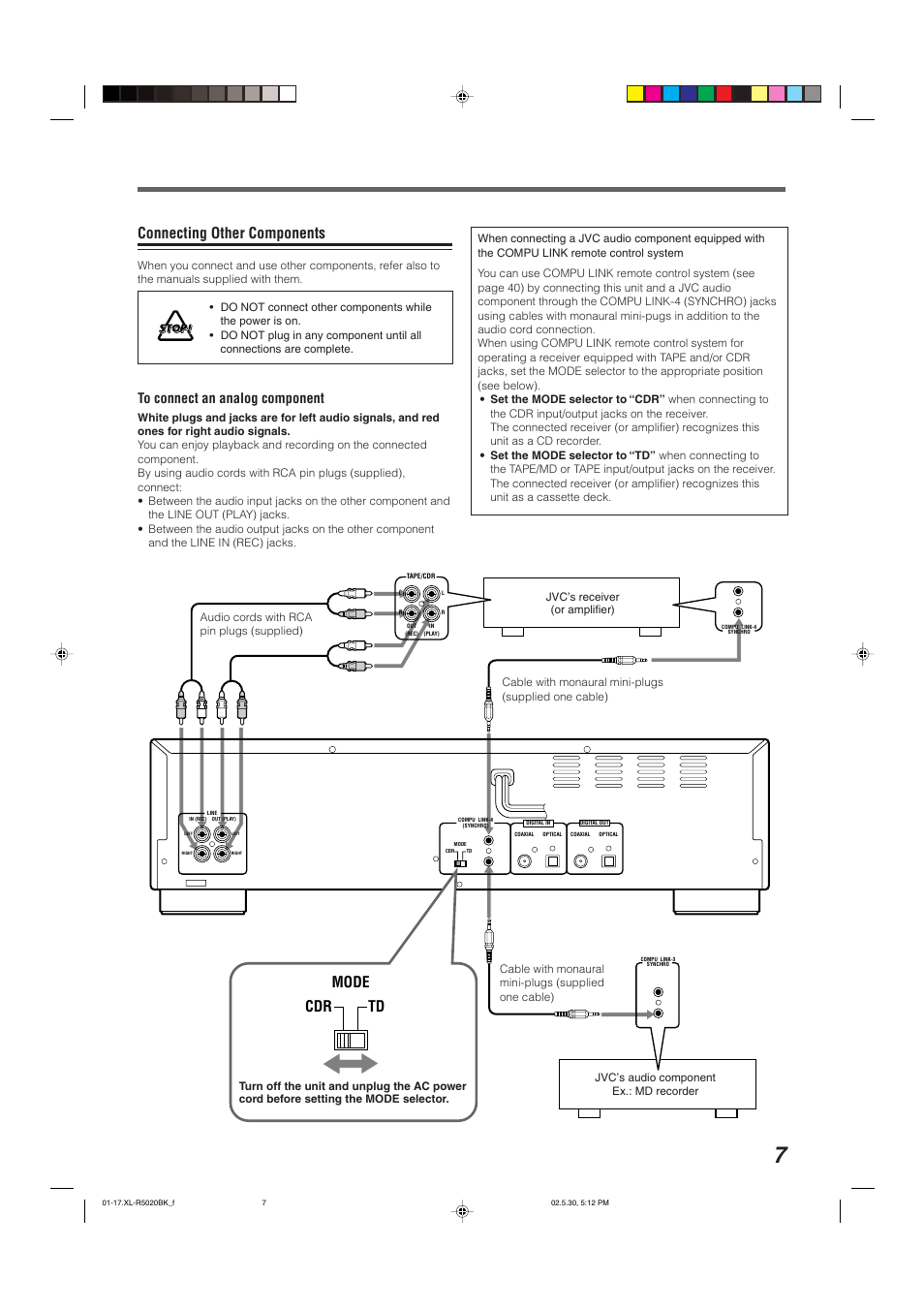 Connecting other components, Cdr td mode | JVC XL-R5020BK User Manual | Page 9 / 50