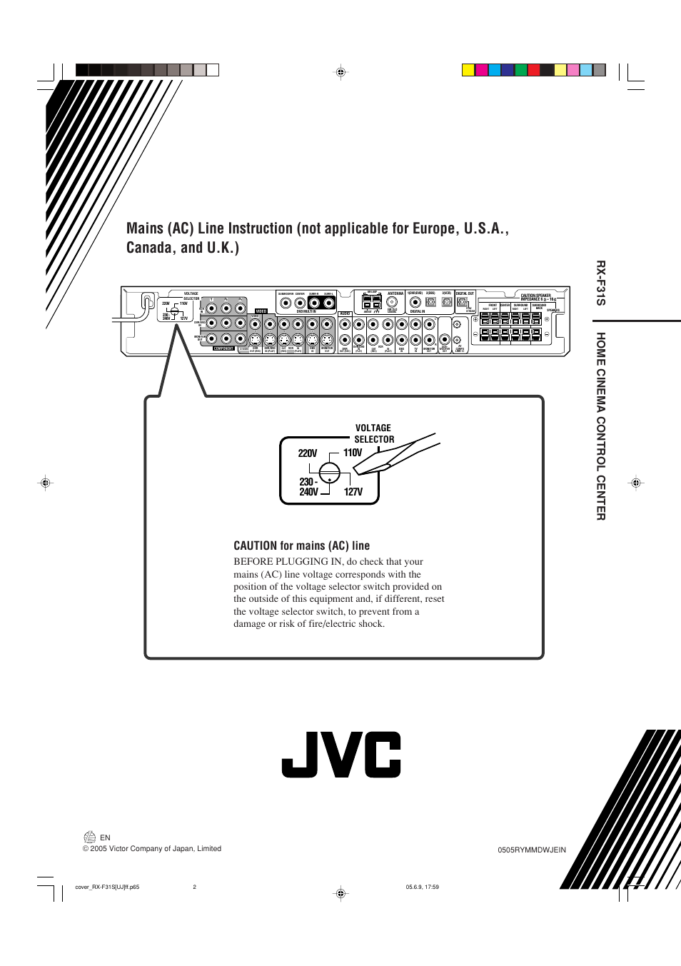 Caution for mains (ac) line, Rx-f31s, Home cinema control center | Voltage selector | JVC RX-F31S User Manual | Page 102 / 153