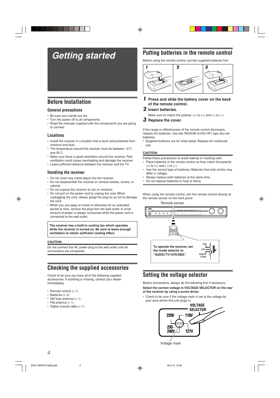 Getting started, Putting batteries in the remote control, Setting the voltage selector | Before installation, Checking the supplied accessories | JVC RX-F31S User Manual | Page 108 / 153