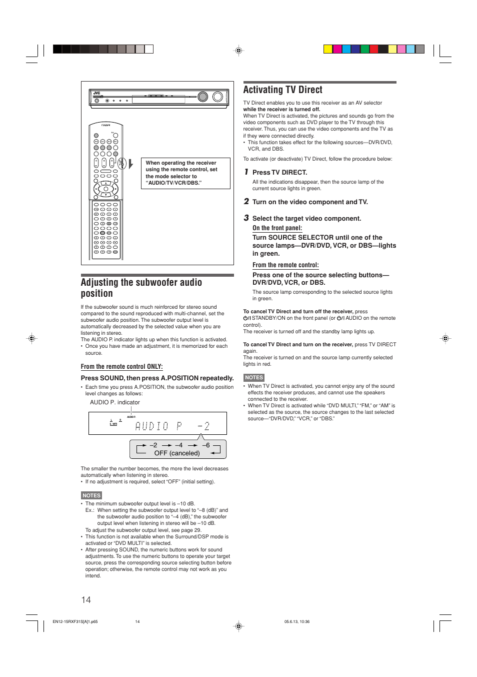 Adjusting the subwoofer audio position, Activating tv direct | JVC RX-F31S User Manual | Page 118 / 153