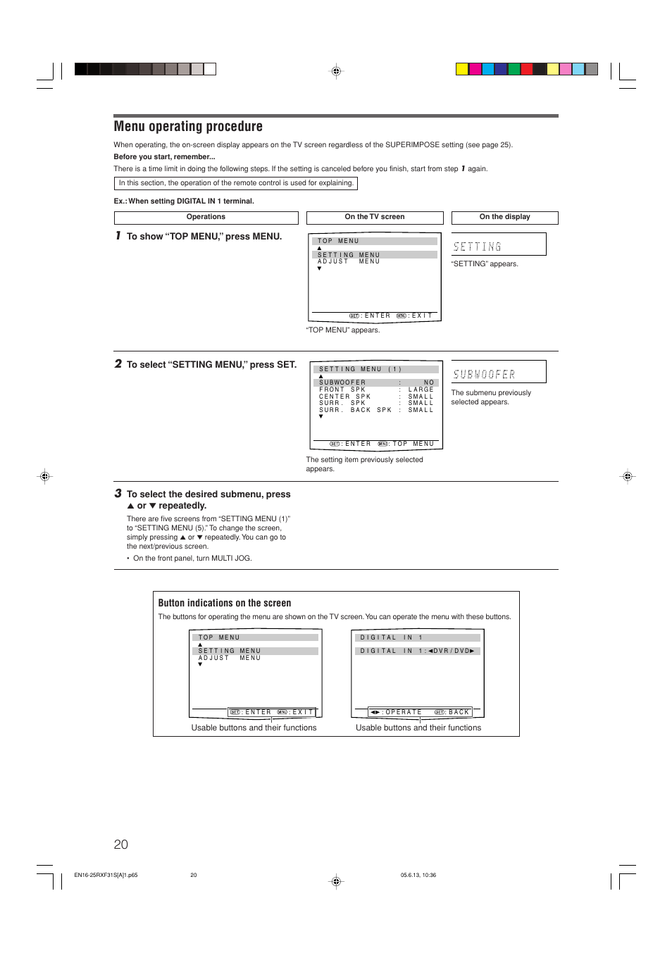 Menu operating procedure, Button indications on the screen | JVC RX-F31S User Manual | Page 124 / 153