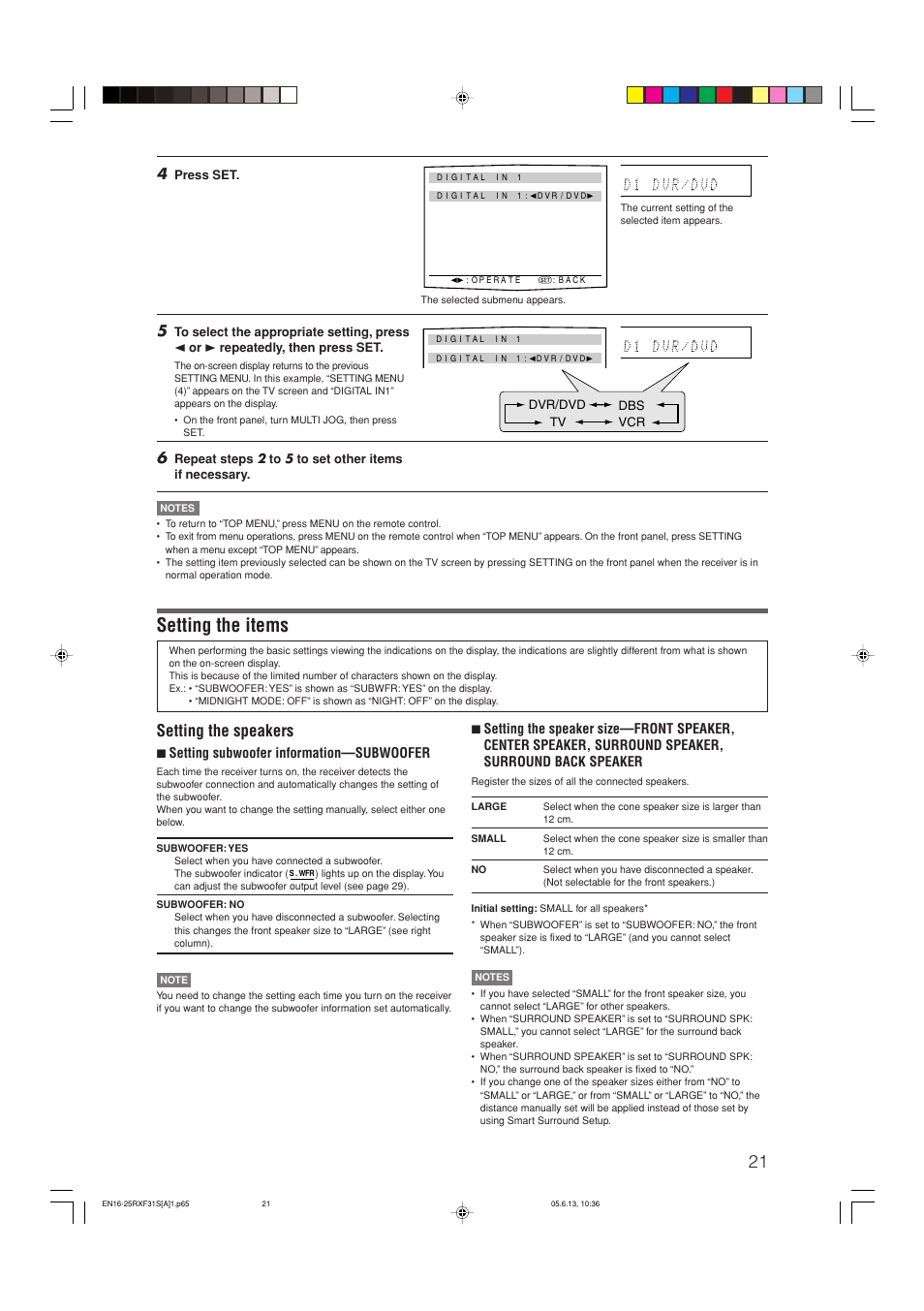 Setting the items, Setting the speakers, 7 setting subwoofer information—subwoofer | Press set, Dvr/dvd dbs vcr tv | JVC RX-F31S User Manual | Page 125 / 153