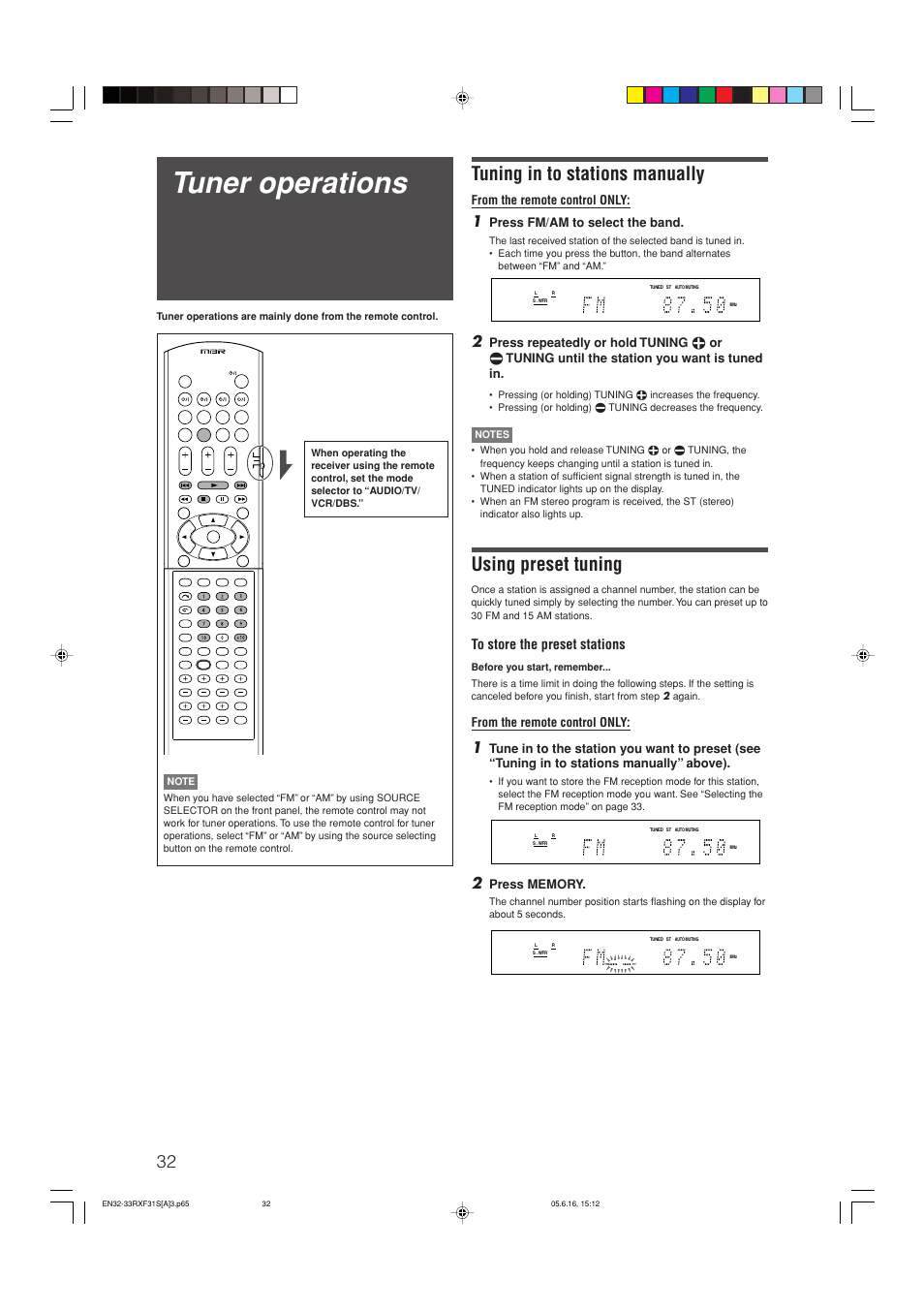 Tuner operations, Tuning in to stations manually, Using preset tuning | Press fm/am to select the band | JVC RX-F31S User Manual | Page 136 / 153