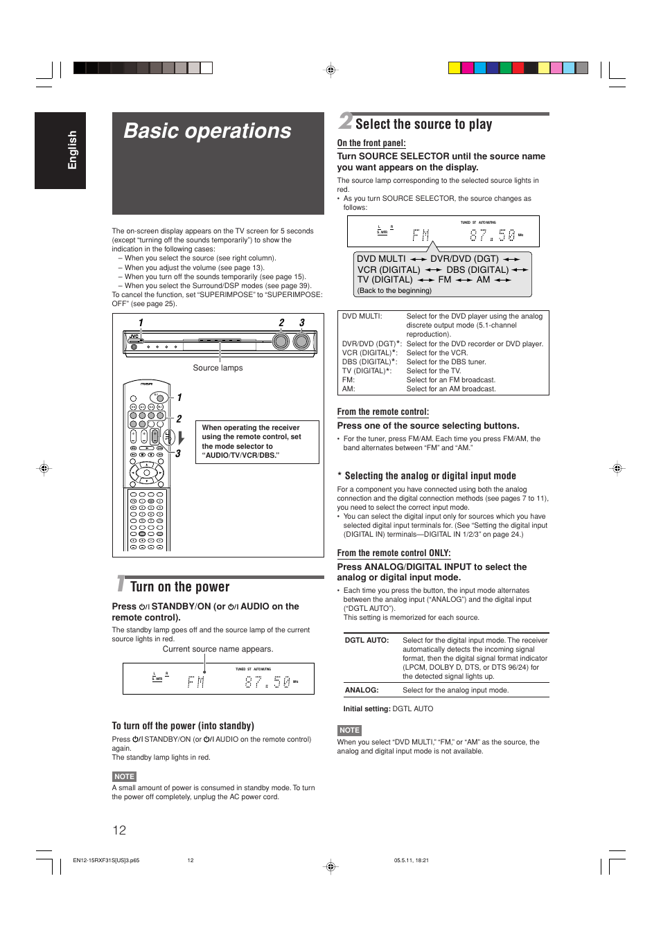 Basic operations, Select the source to play, Turn on the power | English, Selecting the analog or digital input mode | JVC RX-F31S User Manual | Page 14 / 153