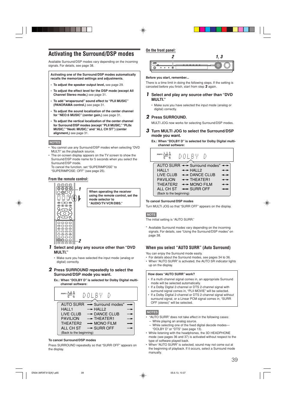 Activating the surround/dsp modes, When you select “auto surr” (auto surround) | JVC RX-F31S User Manual | Page 143 / 153