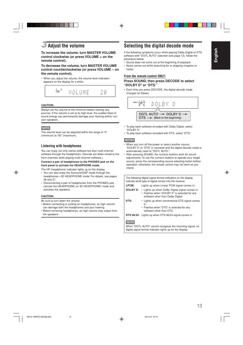 Adjust the volume, Selecting the digital decode mode, English | Listening with headphones, Dolby d dts, Dgtl auto | JVC RX-F31S User Manual | Page 15 / 153
