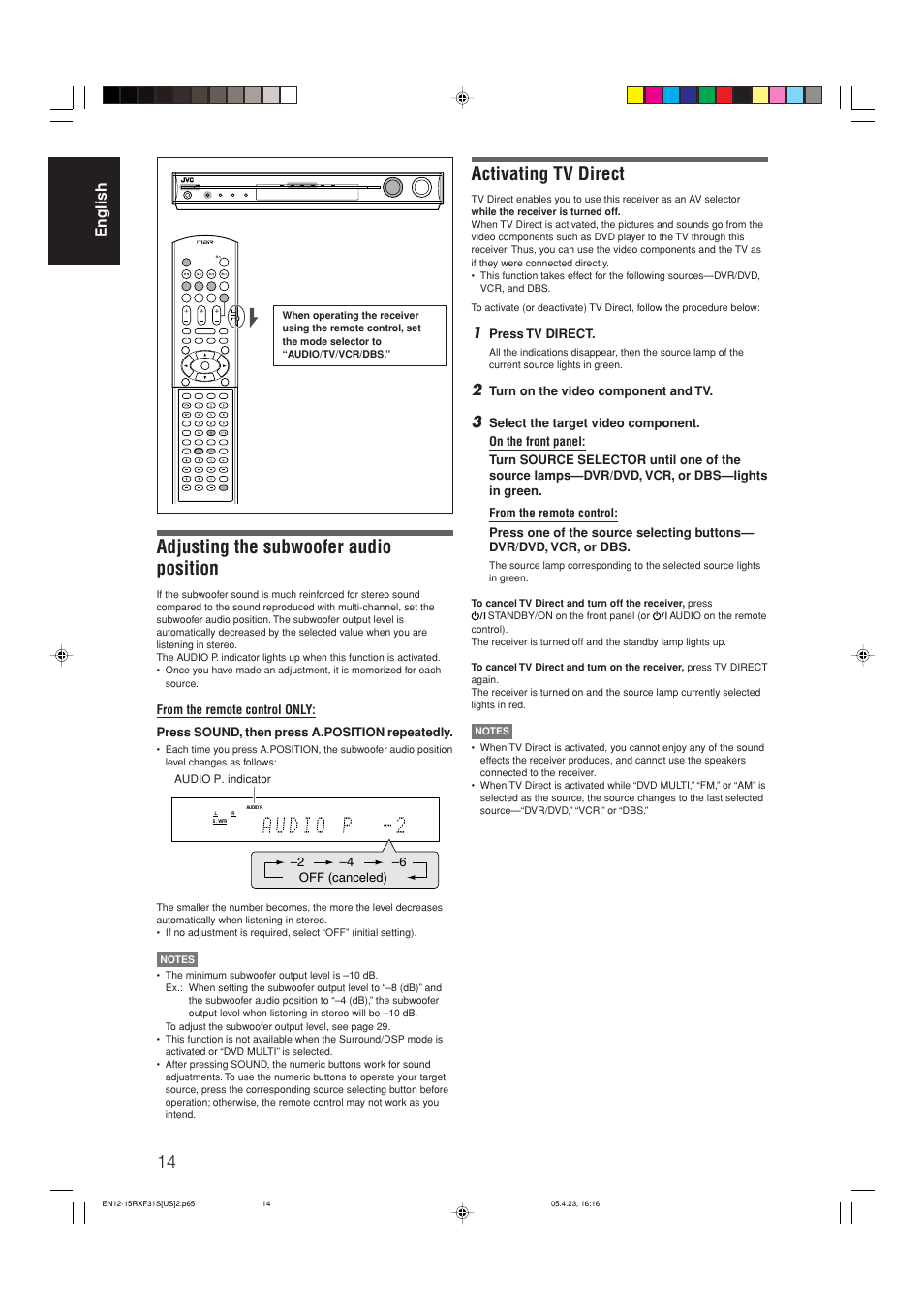 Adjusting the subwoofer audio position, Activating tv direct, English | JVC RX-F31S User Manual | Page 16 / 153