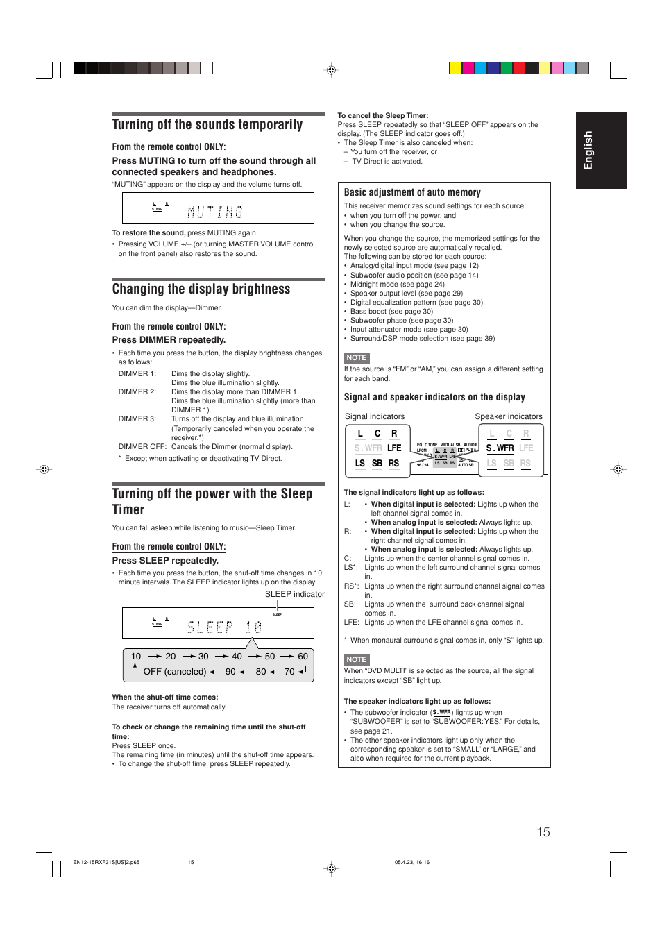 Turning off the sounds temporarily, Changing the display brightness, Turning off the power with the sleep timer | English, Signal and speaker indicators on the display | JVC RX-F31S User Manual | Page 17 / 153