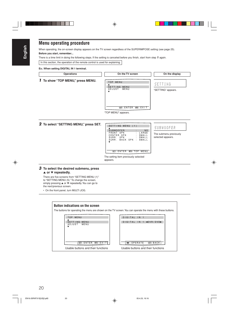 Menu operating procedure, English, Button indications on the screen | JVC RX-F31S User Manual | Page 22 / 153