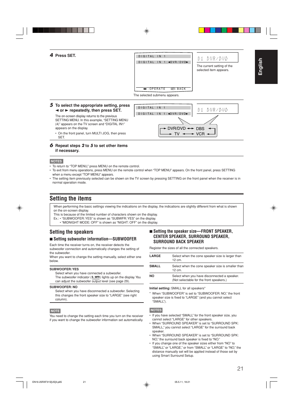 Setting the items, Setting the speakers, English 4 | 7 setting subwoofer information—subwoofer | JVC RX-F31S User Manual | Page 23 / 153