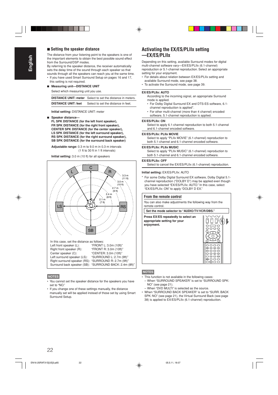 Activating the ex/es/pliix setting —ex/es/pliix, English, 7 setting the speaker distance | JVC RX-F31S User Manual | Page 24 / 153