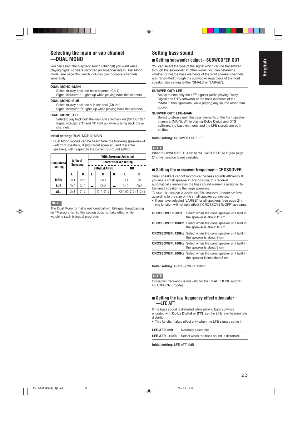 Setting bass sound, Selecting the main or sub channel —dual mono, English | 7 setting subwoofer output—subwoofer out, 7 setting the crossover frequency—crossover | JVC RX-F31S User Manual | Page 25 / 153
