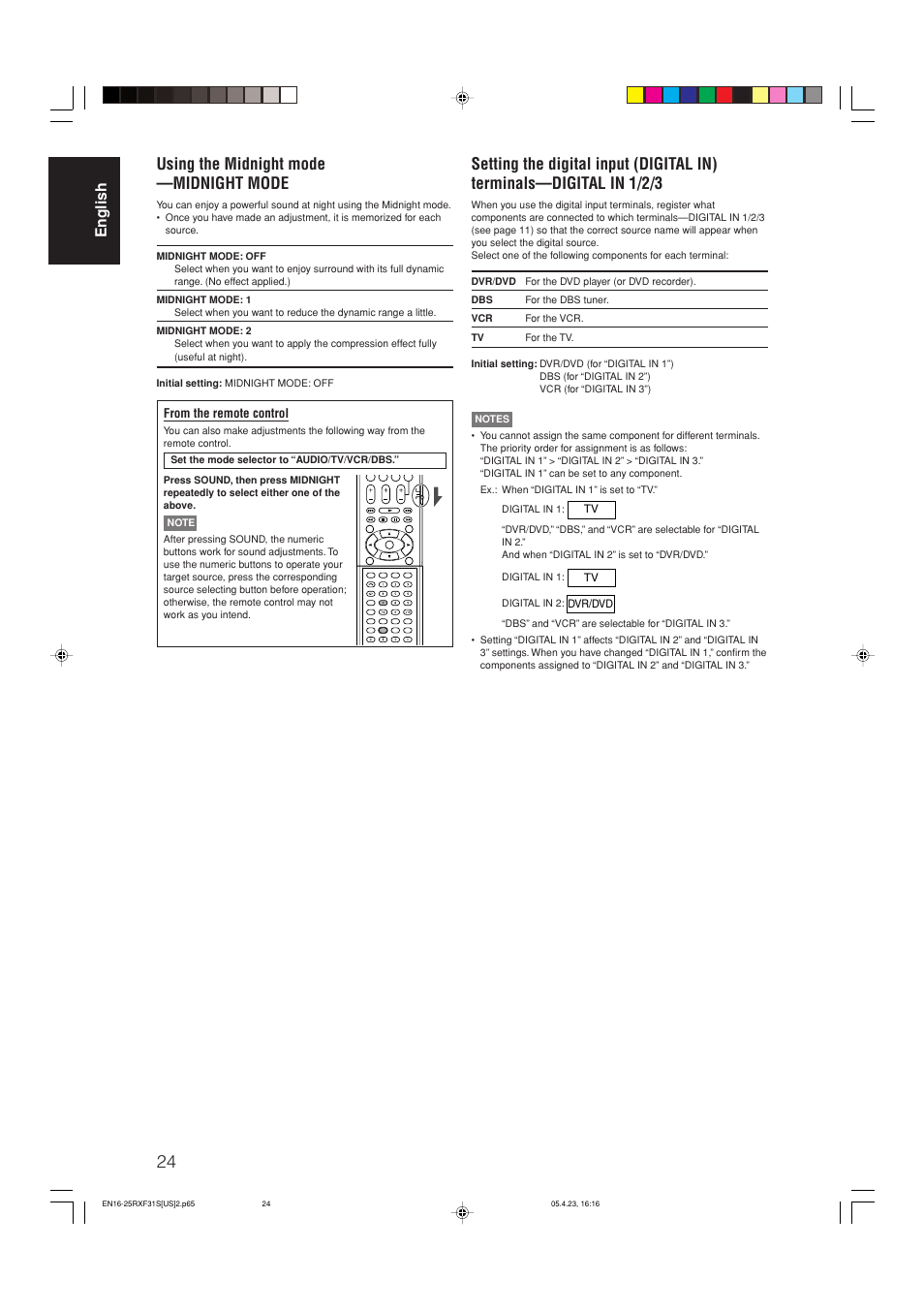 Using the midnight mode —midnight mode, English | JVC RX-F31S User Manual | Page 26 / 153