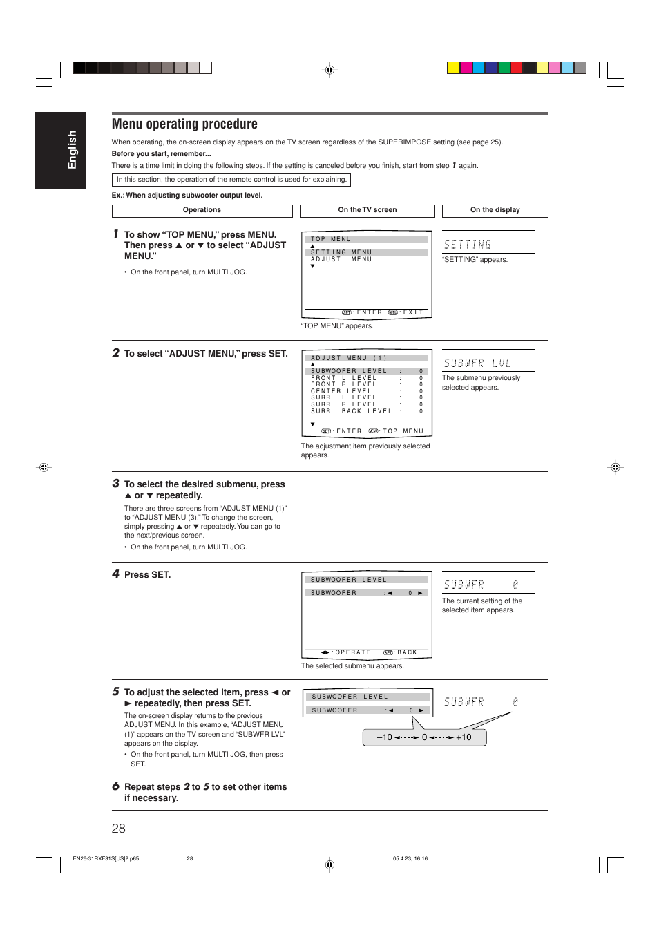 Menu operating procedure, English, Press set | JVC RX-F31S User Manual | Page 30 / 153