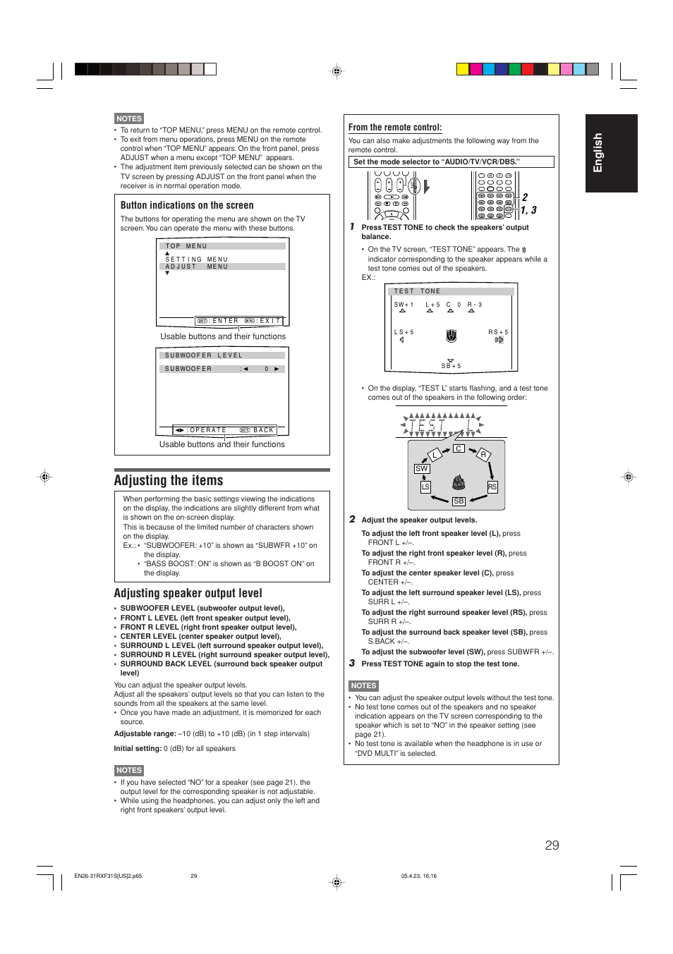 Adjusting the items, Adjusting speaker output level, English | Button indications on the screen | JVC RX-F31S User Manual | Page 31 / 153