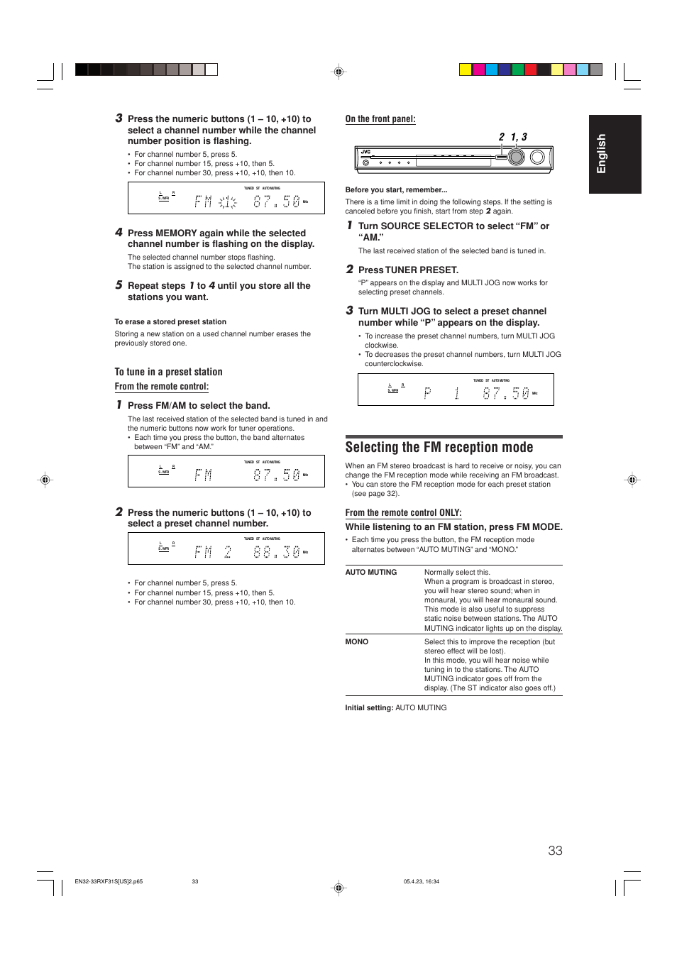 Selecting the fm reception mode, English 3, Press fm/am to select the band | On the front panel, Turn source selector to select “fm” or “am, Press tuner preset | JVC RX-F31S User Manual | Page 35 / 153