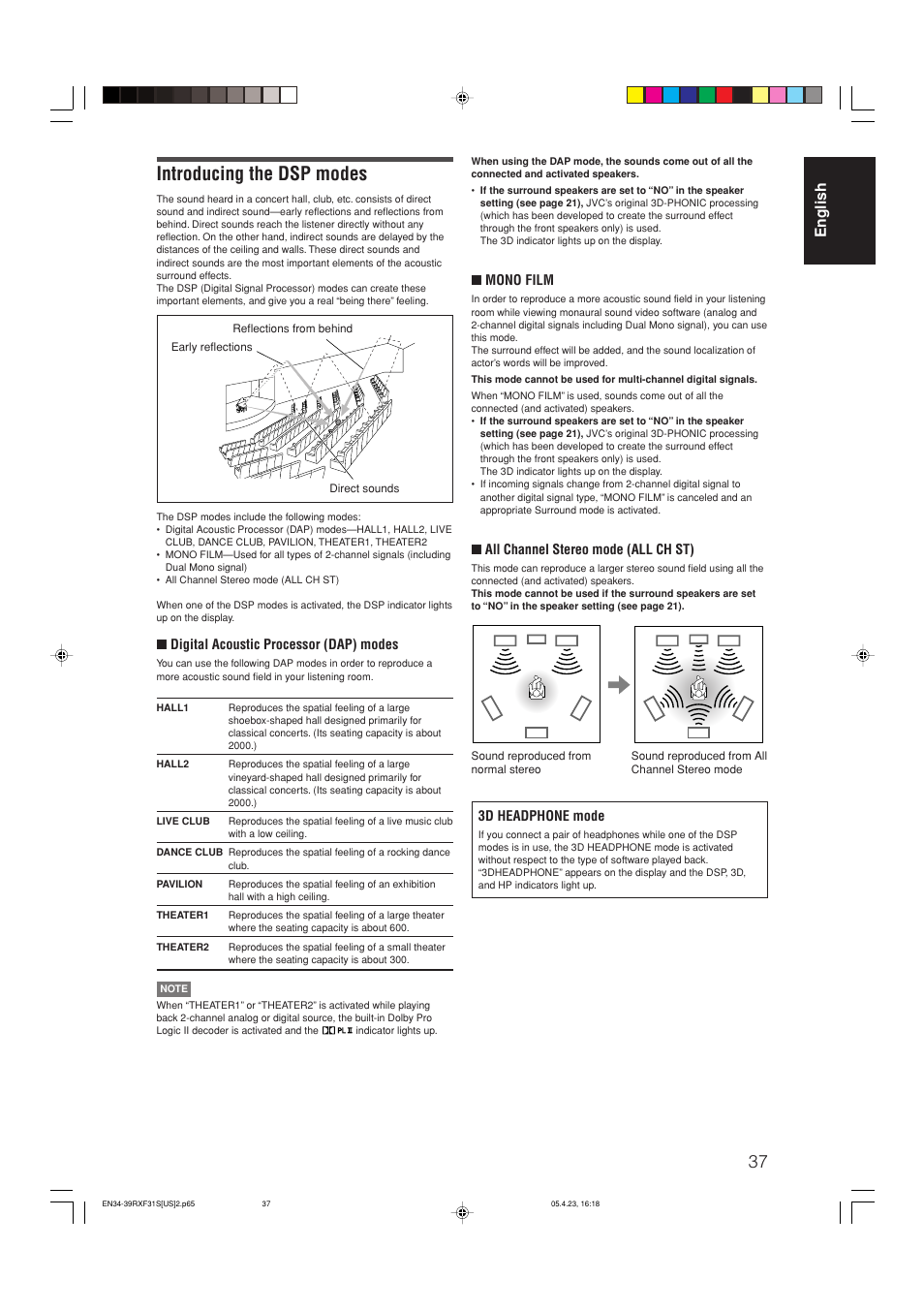 Introducing the dsp modes, English | JVC RX-F31S User Manual | Page 39 / 153