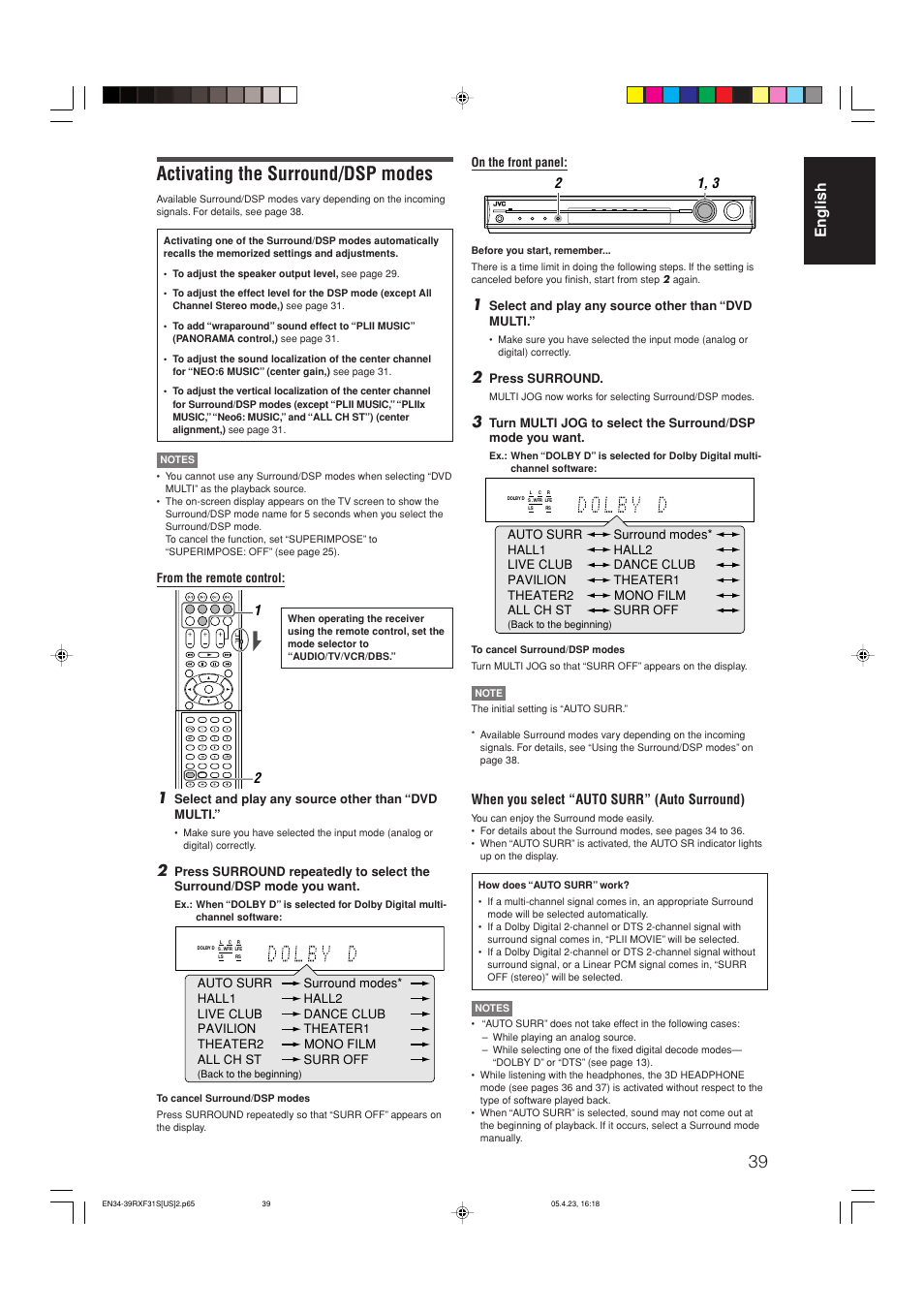 Activating the surround/dsp modes, English, When you select “auto surr” (auto surround) | JVC RX-F31S User Manual | Page 41 / 153