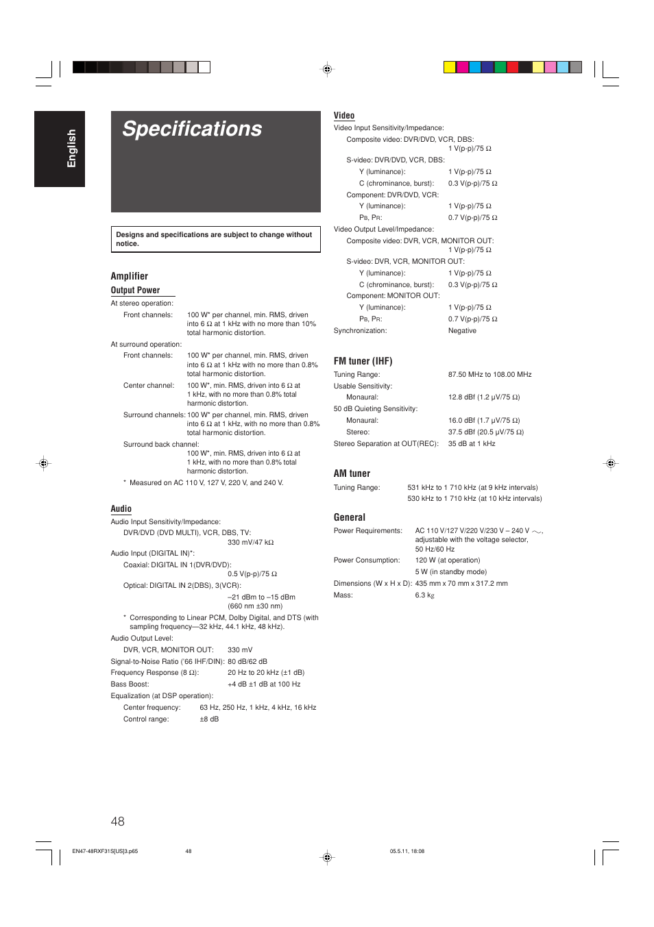 Specifications, English, Amplifier | Fm tuner (ihf), Am tuner, General | JVC RX-F31S User Manual | Page 50 / 153