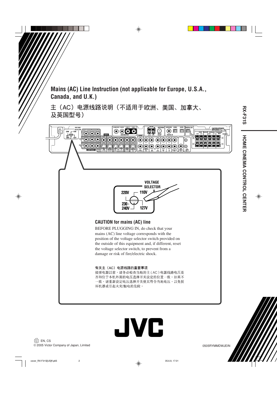 Caution for mains (ac) line, Rx-f31s, Home cinema control center | Voltage selector | JVC RX-F31S User Manual | Page 51 / 153