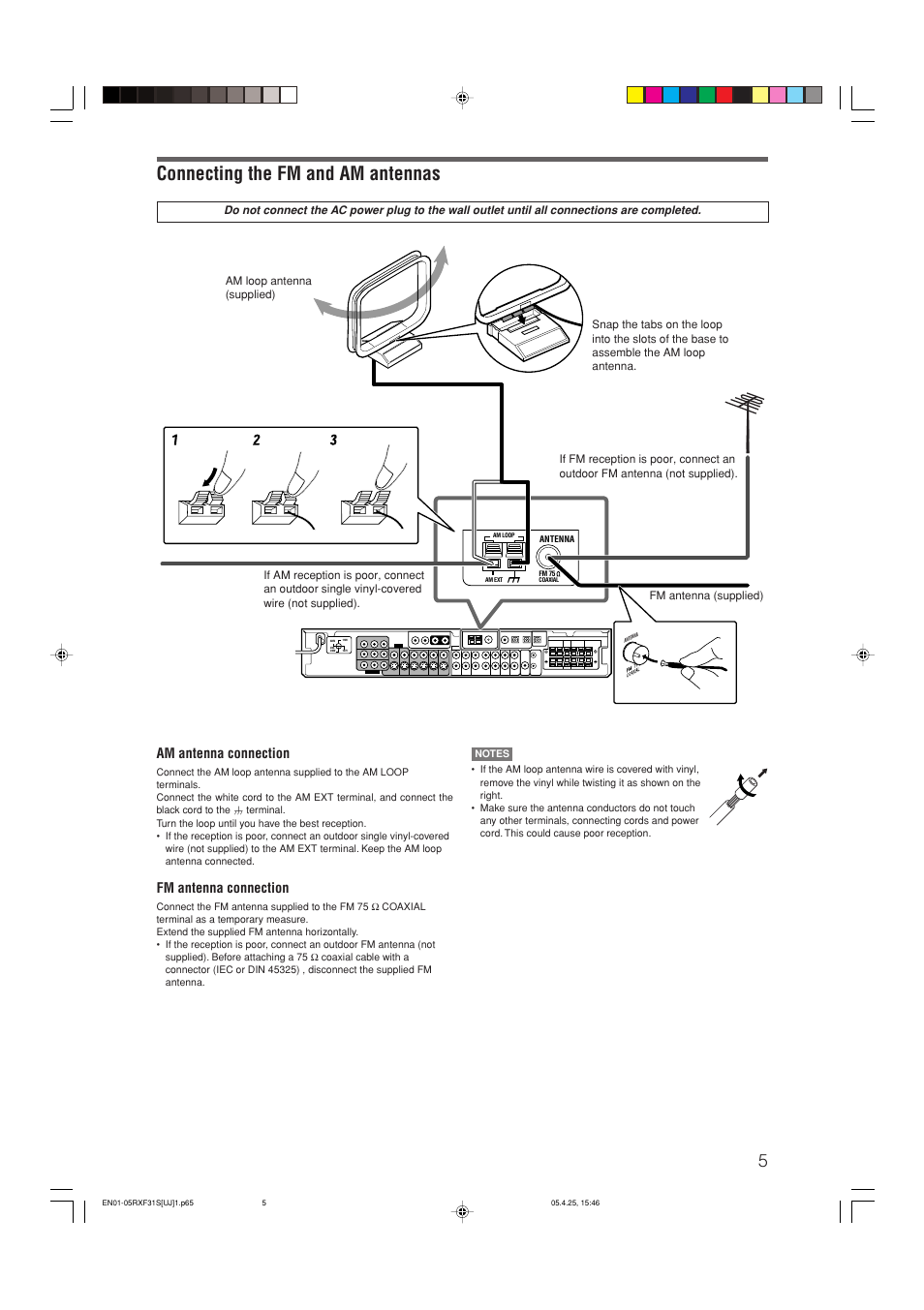 Connecting the fm and am antennas, Am antenna connection, Fm antenna connection | JVC RX-F31S User Manual | Page 58 / 153