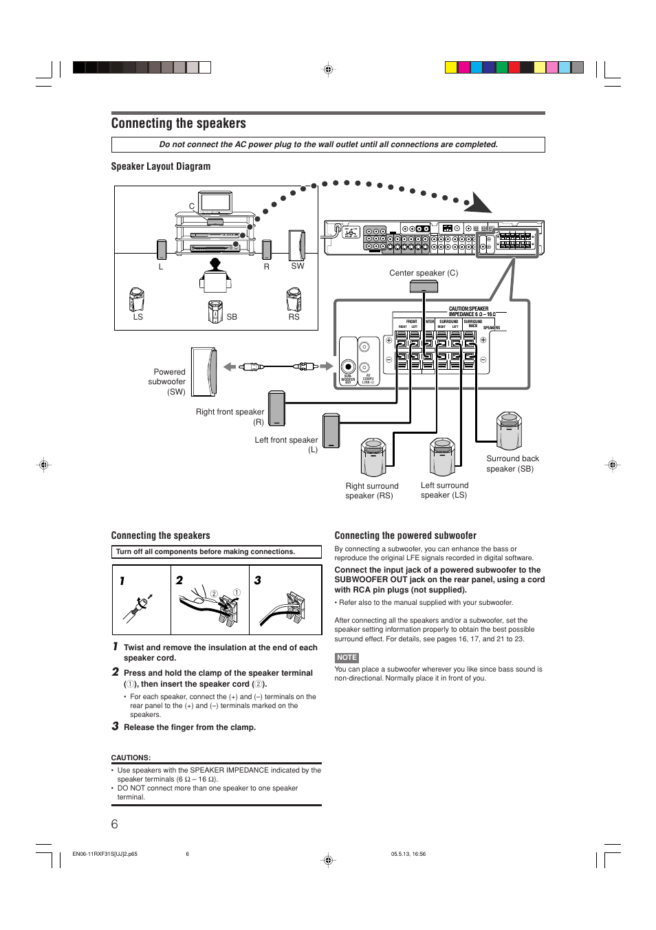 Connecting the speakers, Speaker layout diagram, Connecting the powered subwoofer | JVC RX-F31S User Manual | Page 59 / 153