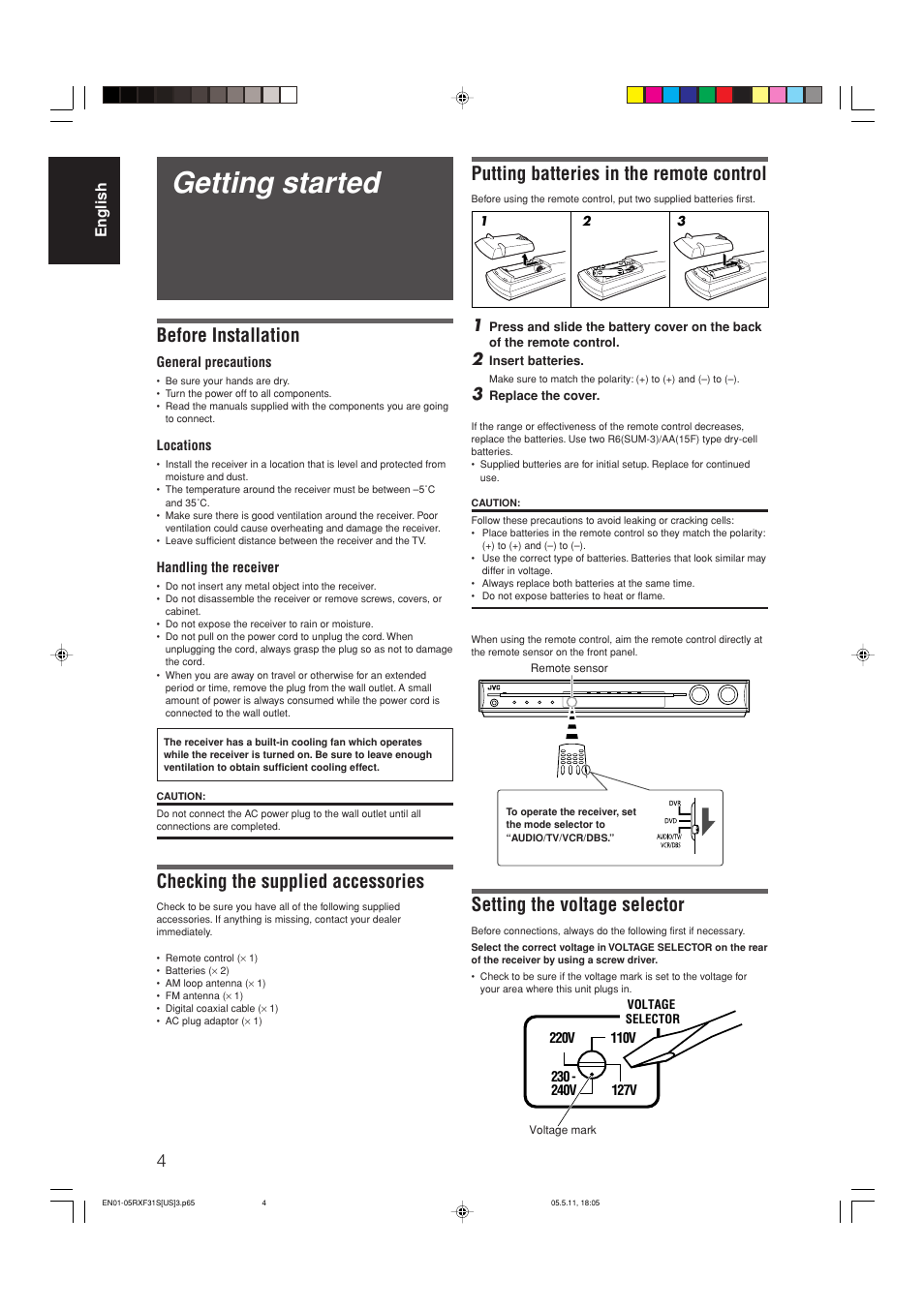 Getting started, Putting batteries in the remote control, Setting the voltage selector | Before installation, Checking the supplied accessories | JVC RX-F31S User Manual | Page 6 / 153