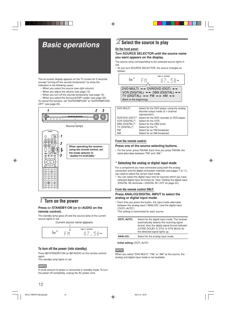 Basic operations, Select the source to play, Turn on the power | Selecting the analog or digital input mode | JVC RX-F31S User Manual | Page 65 / 153
