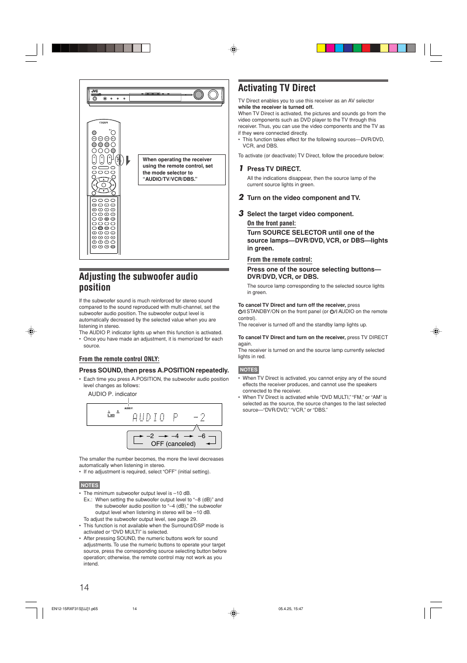 Adjusting the subwoofer audio position, Activating tv direct | JVC RX-F31S User Manual | Page 67 / 153