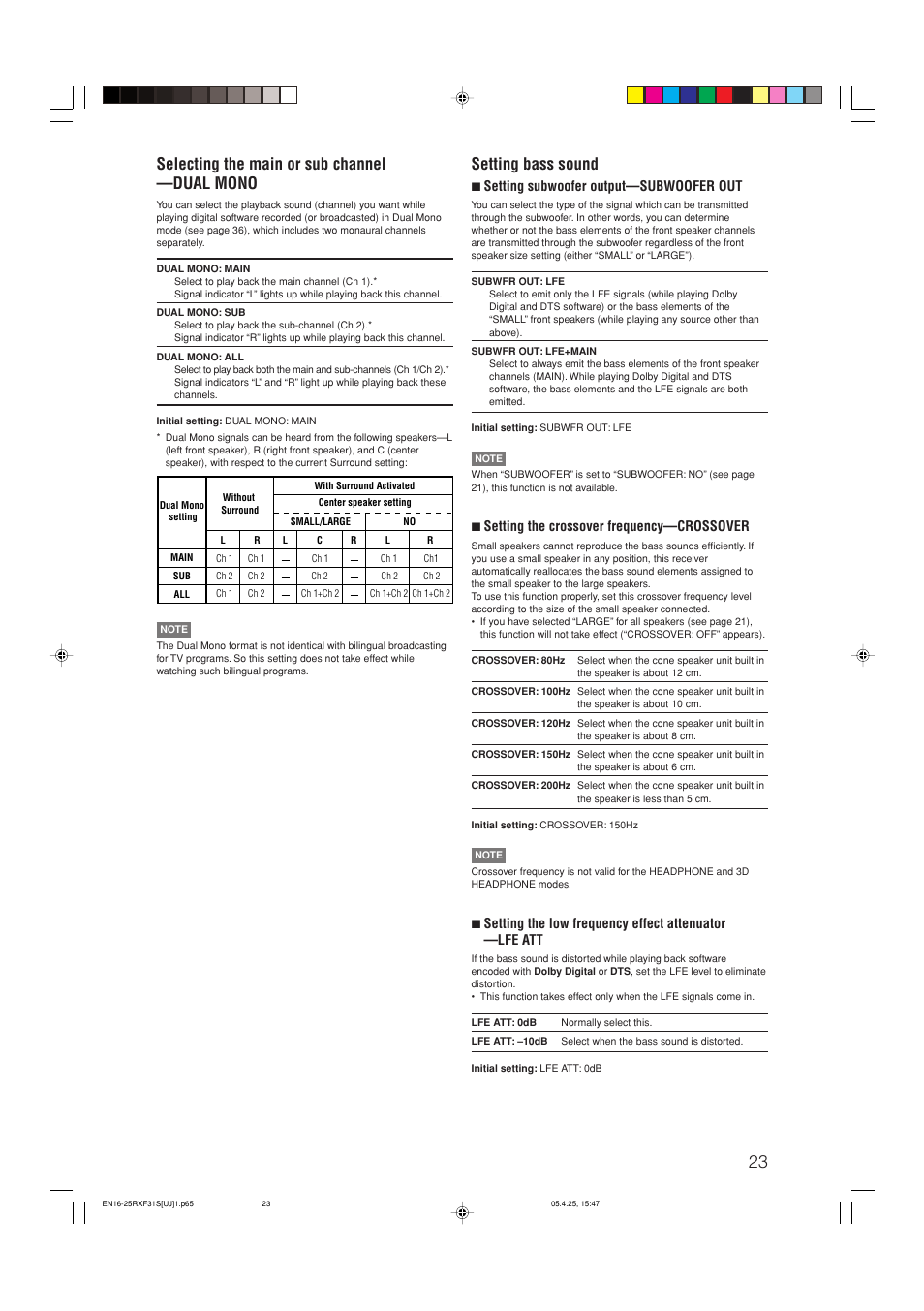Setting bass sound, Selecting the main or sub channel —dual mono, 7 setting subwoofer output—subwoofer out | 7 setting the crossover frequency—crossover | JVC RX-F31S User Manual | Page 76 / 153