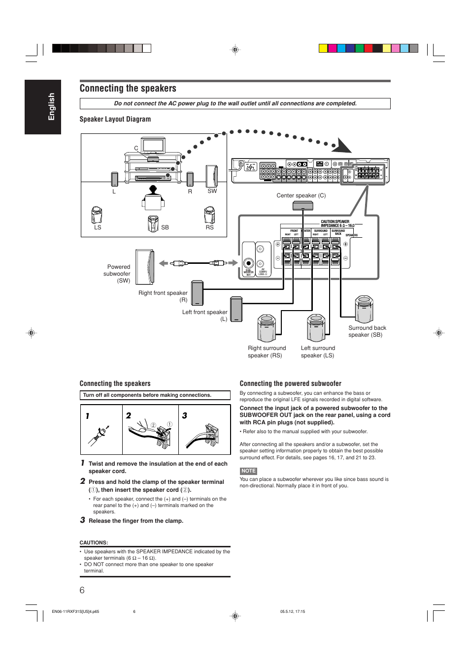 English, Connecting the speakers, Speaker layout diagram | Connecting the powered subwoofer | JVC RX-F31S User Manual | Page 8 / 153