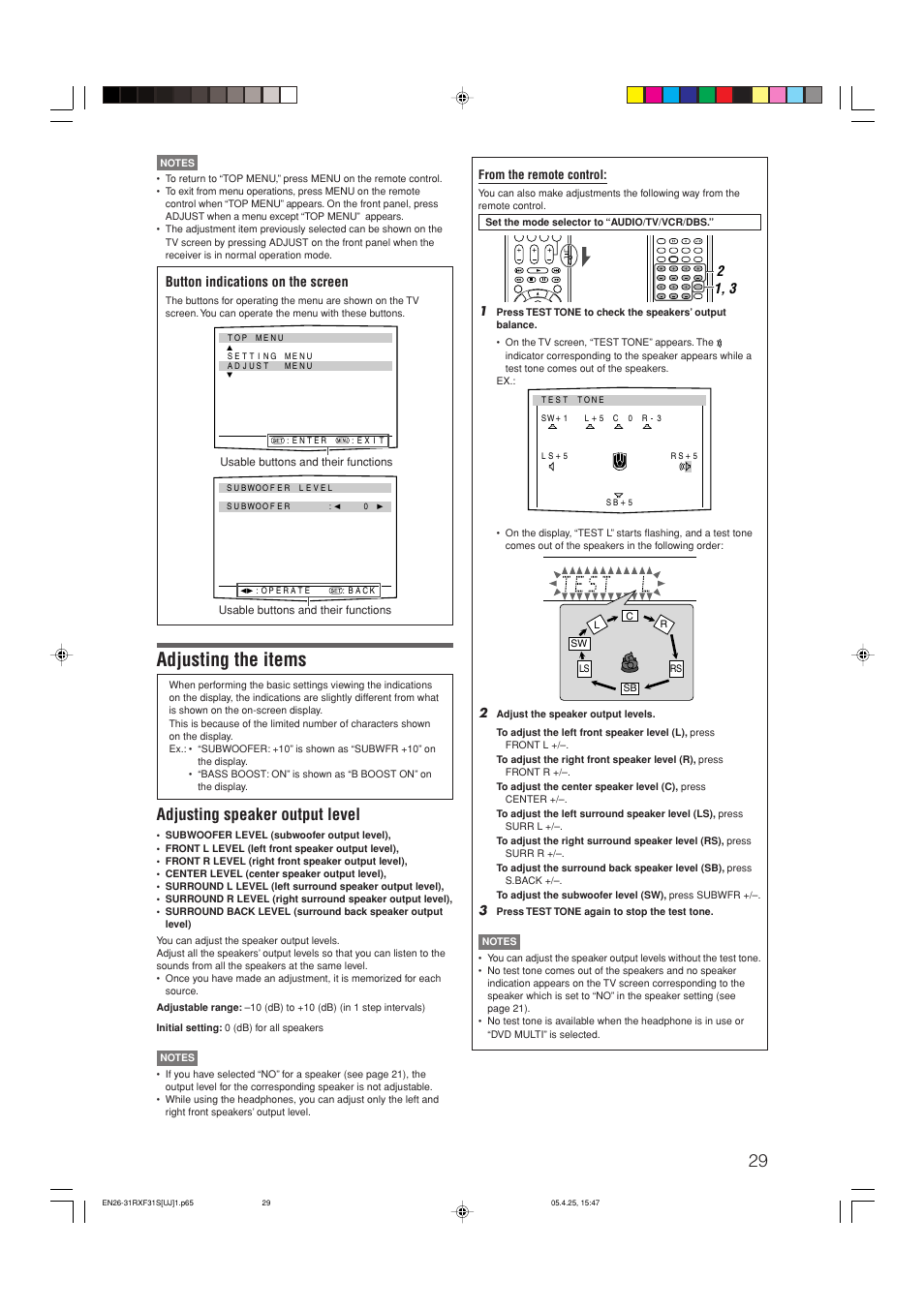 Adjusting the items, Adjusting speaker output level, Button indications on the screen | JVC RX-F31S User Manual | Page 82 / 153