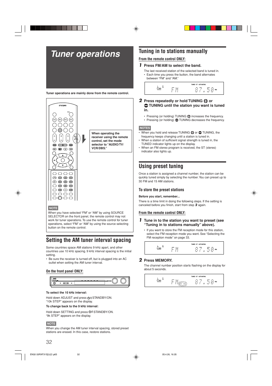 Tuner operations, Setting the am tuner interval spacing, Tuning in to stations manually | Using preset tuning, On the front panel only, Press fm/am to select the band | JVC RX-F31S User Manual | Page 85 / 153