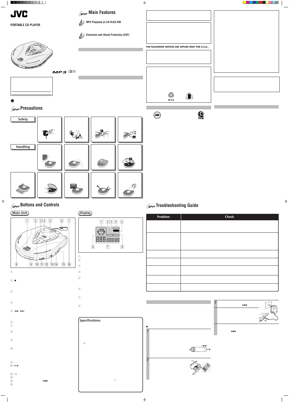 Troubleshooting guide, Xl-pm1, Main features | Precautions, Buttons and controls, Compact digital audio, Dc in 4 .5 v, Line out, Dc in 4 .5 v li ne o ut, Resume | JVC XL-PM1 User Manual | Page 4 / 8