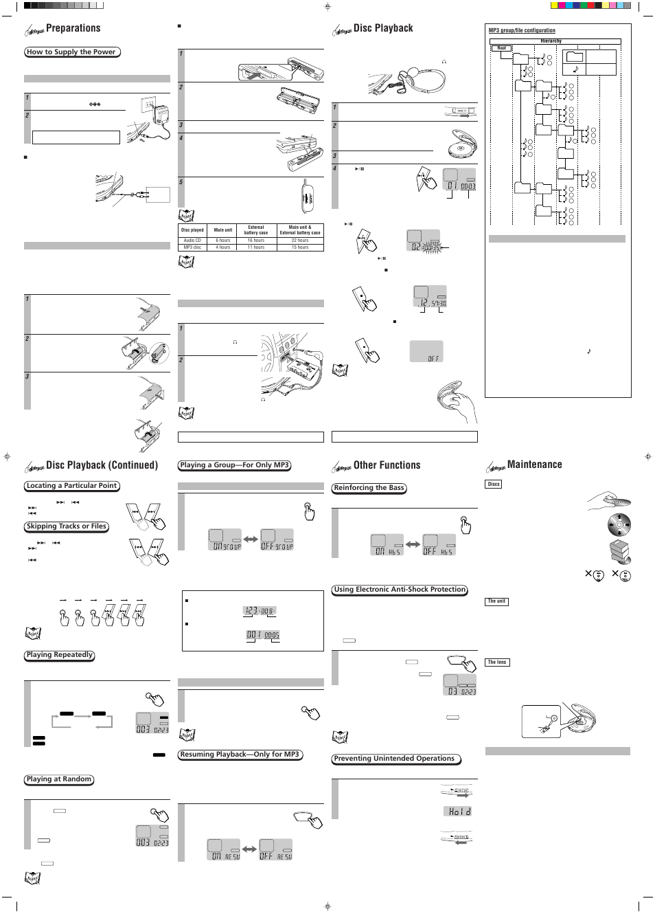 Disc playback, Preparations, Disc playback (continued) other functions | Maintenance, 10 dc in 4.5v li ne o ut, Dc in 4 .5 v lin e o ut, Volume d c in 4 .5 v, Ext b att, How to supply the power, Playing a group—for only mp3 | JVC XL-PM1 User Manual | Page 7 / 8