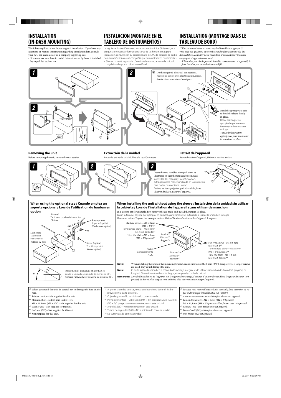 Installation (in-dash mounting), Installation (montage dans le tableau de bord), Extracción de la unidad | Removing the unit, Retrait de l’appareil | JVC LVT1942-002B User Manual | Page 2 / 4