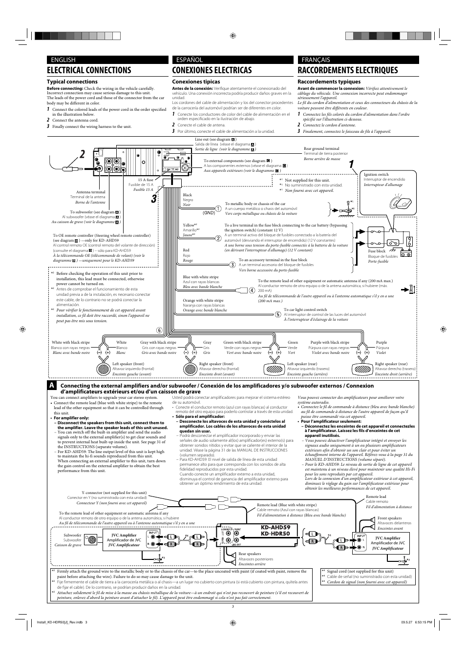 Electrical connections, Conexiones electricas, Raccordements electriques | English español français | JVC LVT1942-002B User Manual | Page 3 / 4