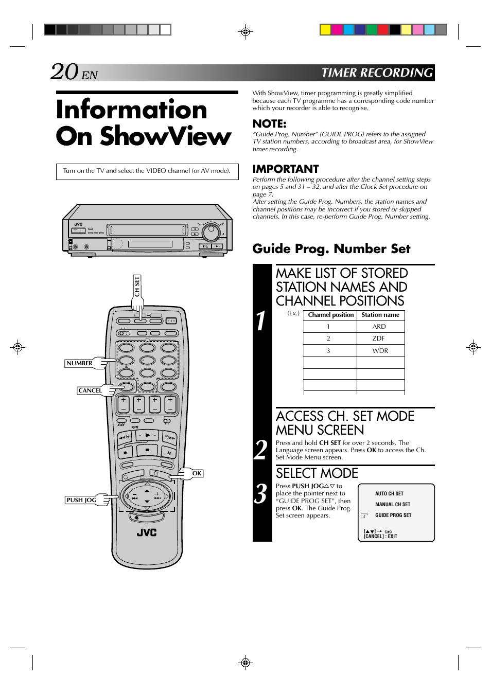 Information on showview, Access ch. set mode menu screen, Select mode | Timer recording, Guide prog. number set, Important | JVC HR-E239EG User Manual | Page 20 / 40