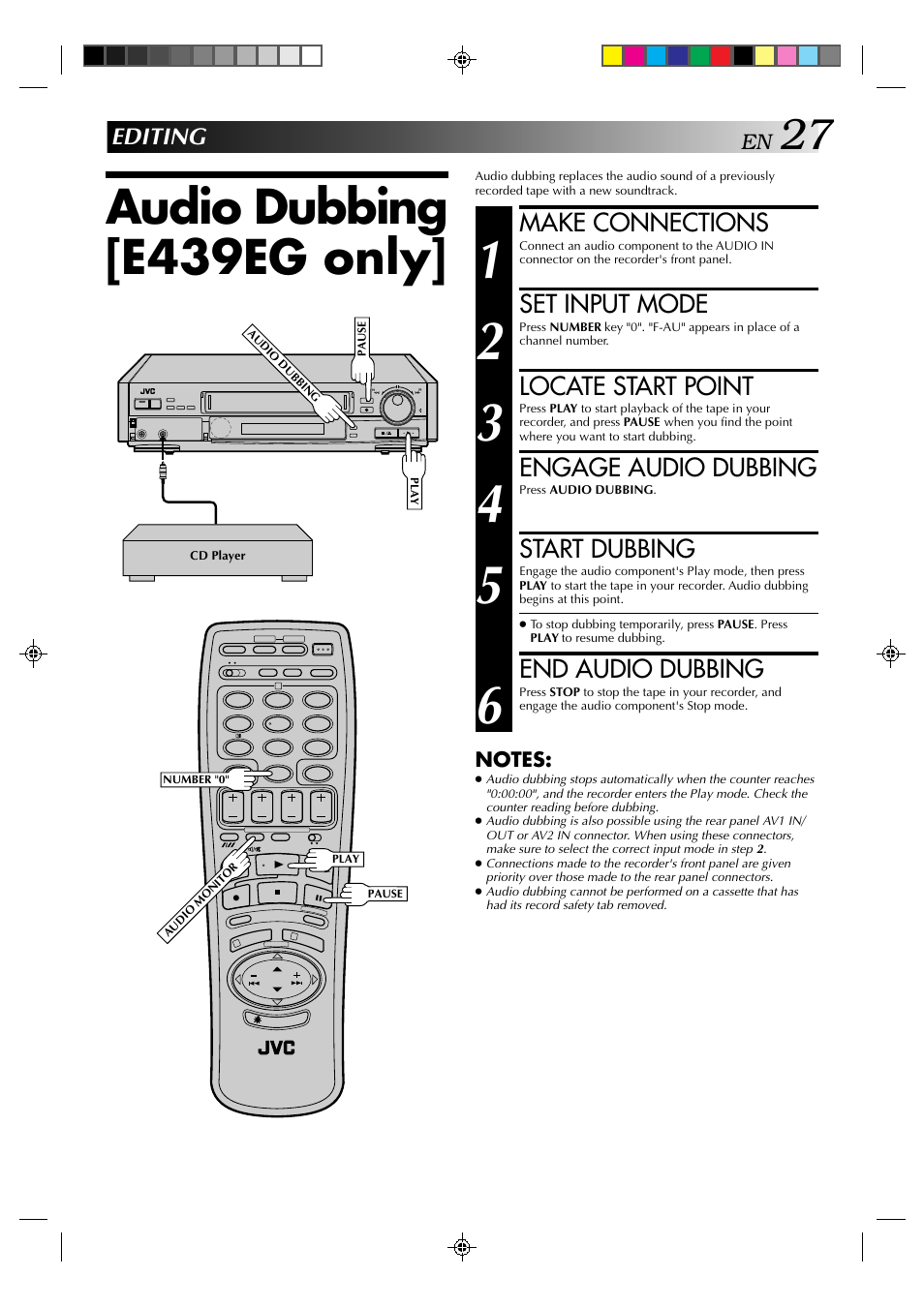 Audio dubbing [e439eg only, Make connections, Set input mode | Locate start point, Engage audio dubbing, Start dubbing, End audio dubbing, Editing | JVC HR-E239EG User Manual | Page 27 / 40