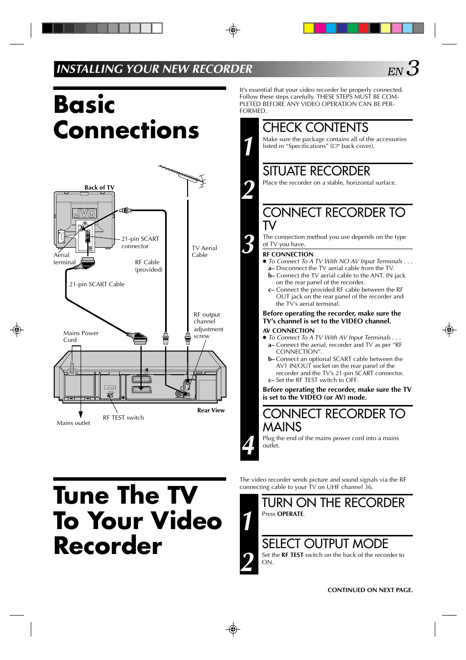 Basic connections, Tune the tv to your video recorder | JVC HR-E239EG User Manual | Page 3 / 40