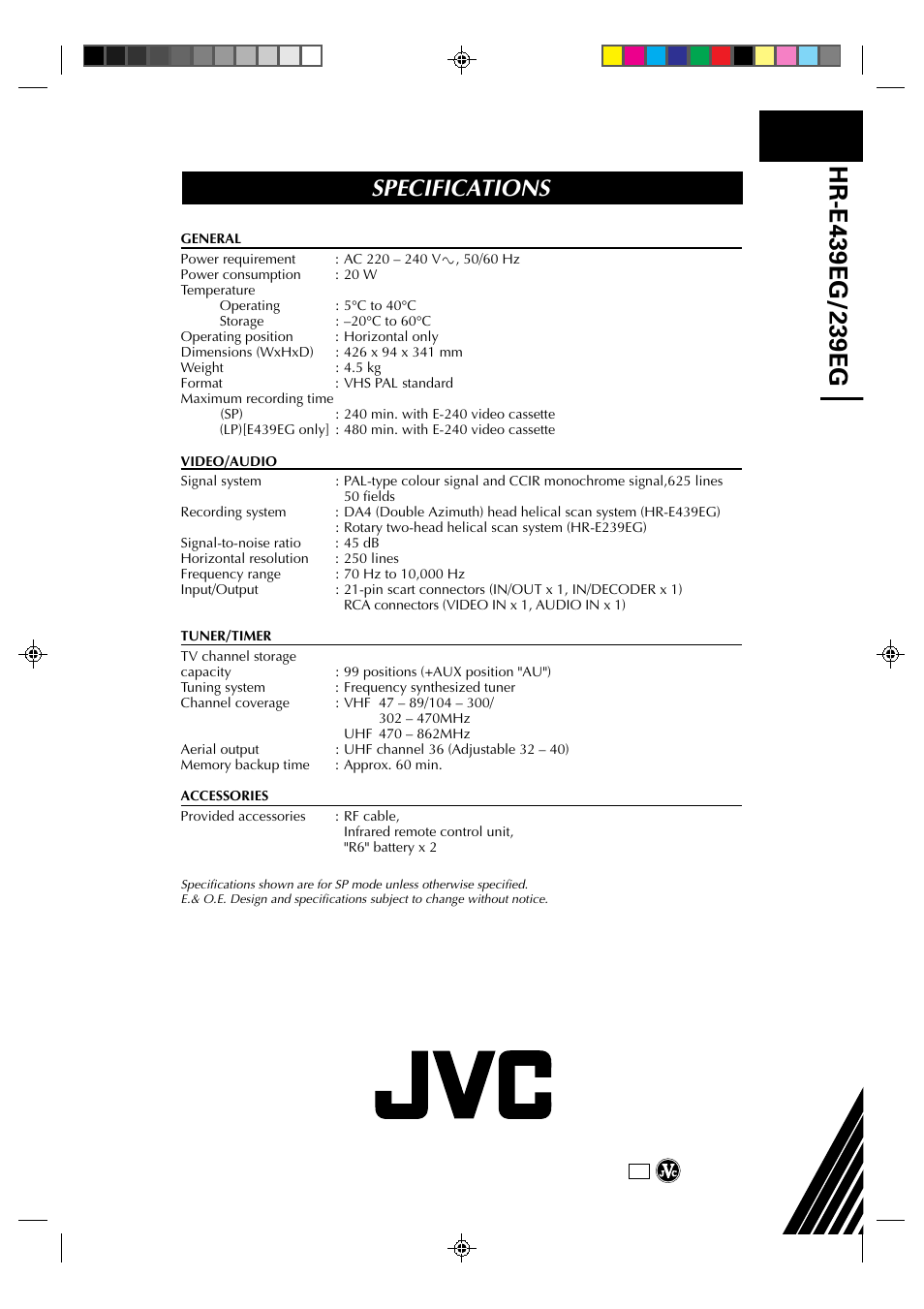 Specifications | JVC HR-E239EG User Manual | Page 40 / 40