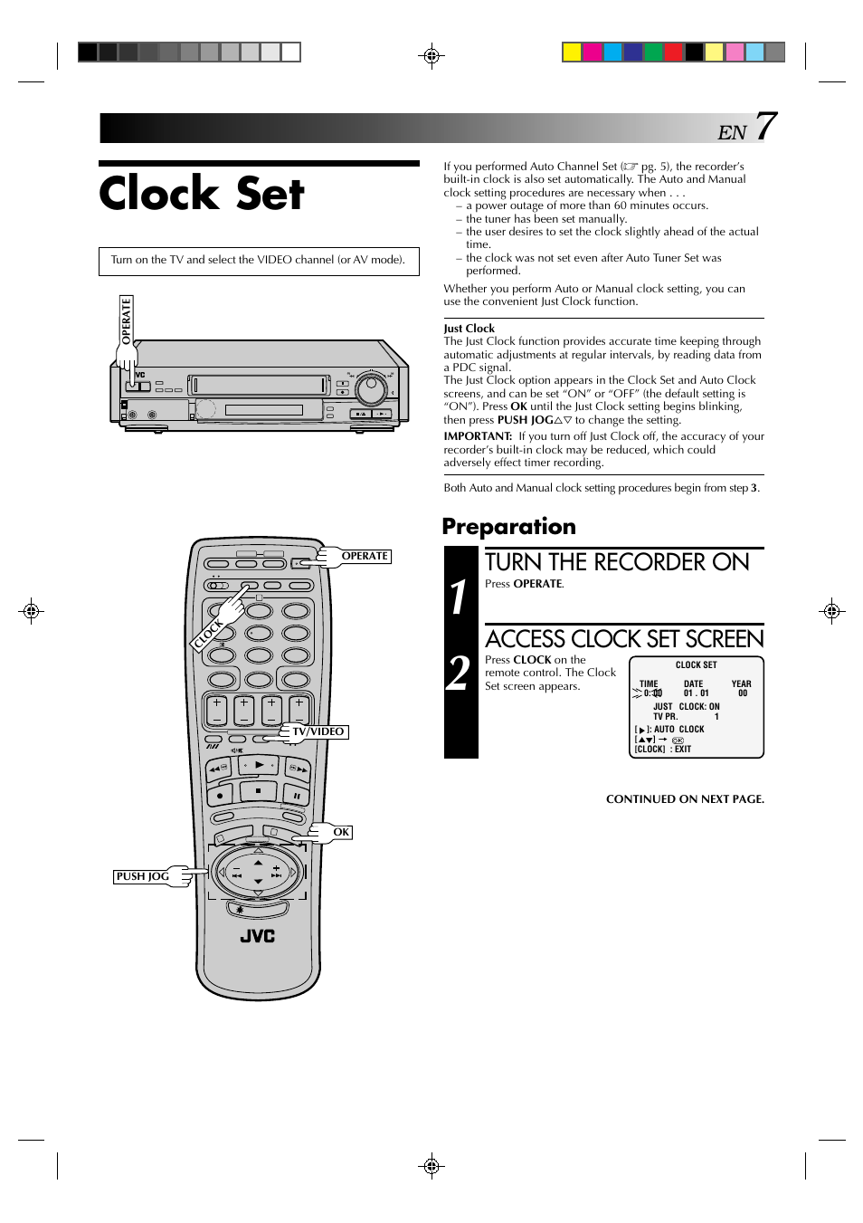 Clock set, Turn the recorder on, Access clock set screen | Preparation | JVC HR-E239EG User Manual | Page 7 / 40