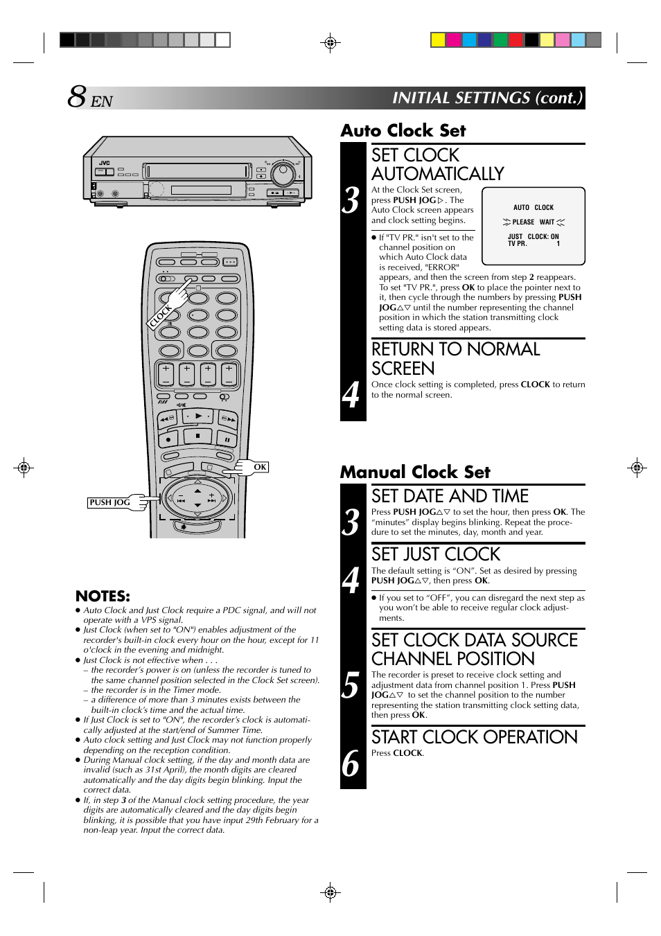 Set clock automatically, Return to normal screen, Set date and time | Set just clock, Set clock data source channel position, Start clock operation, Initial settings (cont.), Auto clock set, Manual clock set | JVC HR-E239EG User Manual | Page 8 / 40