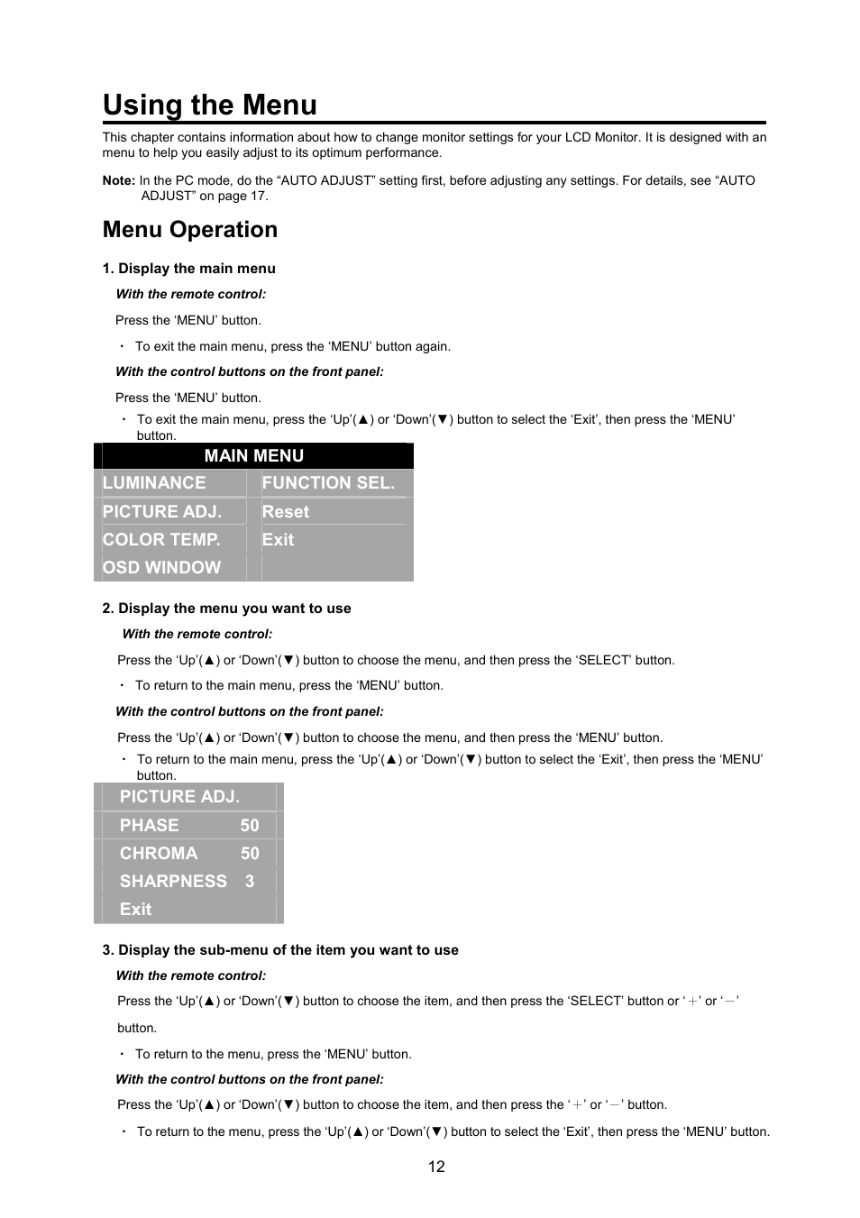 Using the menu, Menu operation | JVC GD-17L1G User Manual | Page 12 / 24