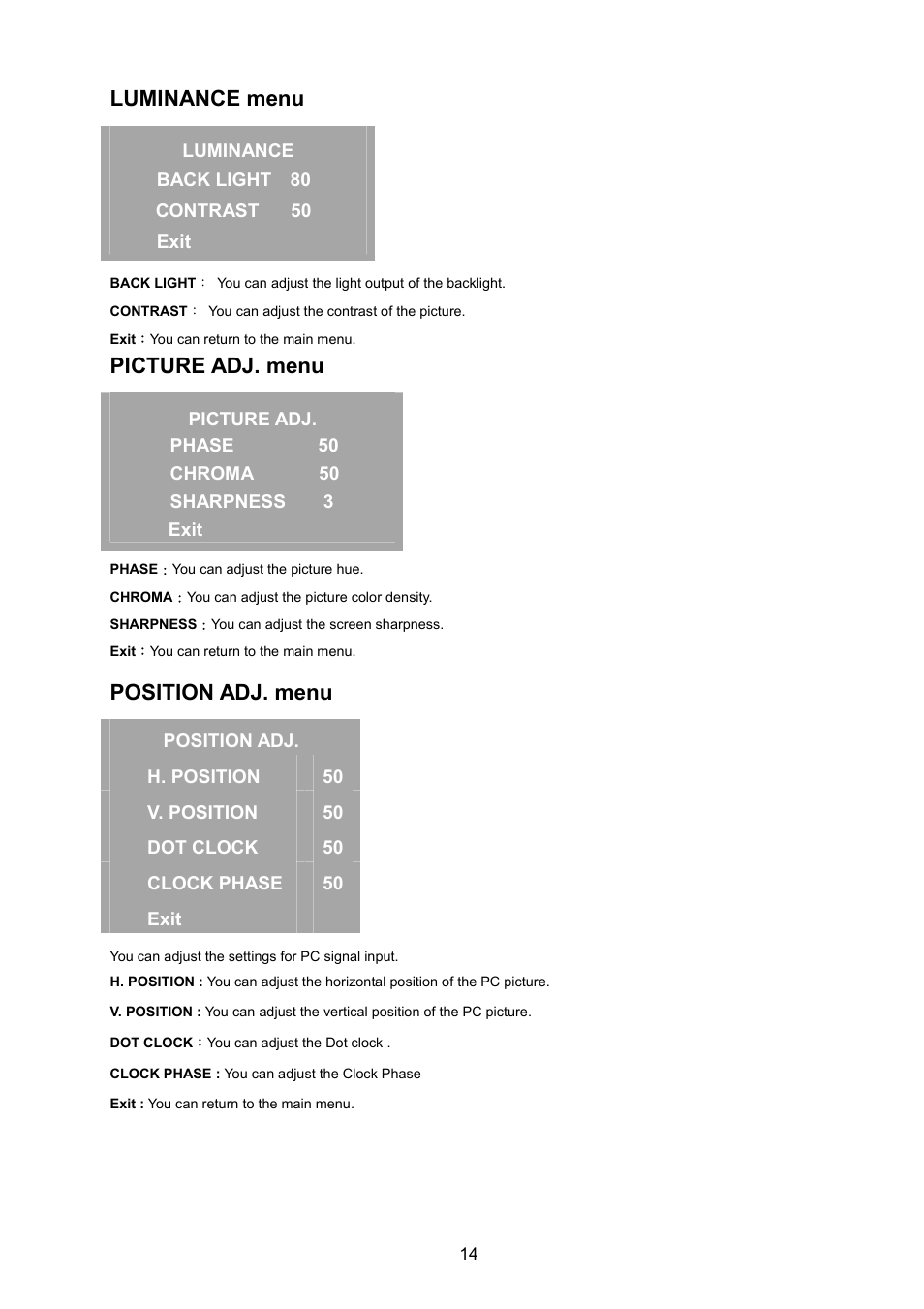 Luminance menu, Picture adj. menu, Position adj. menu | JVC GD-17L1G User Manual | Page 14 / 24