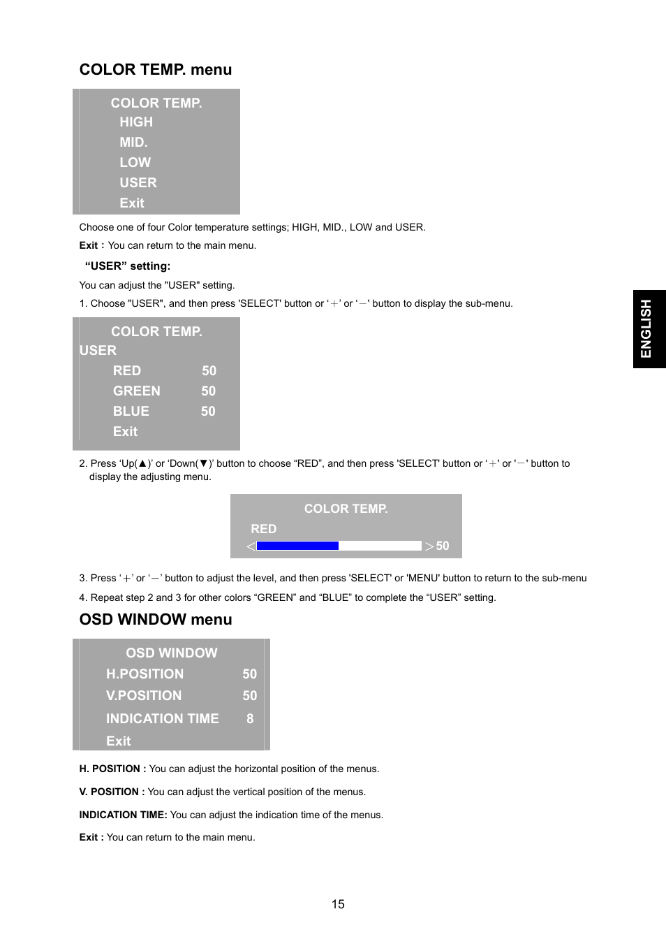 Color temp. menu, Osd window menu | JVC GD-17L1G User Manual | Page 15 / 24