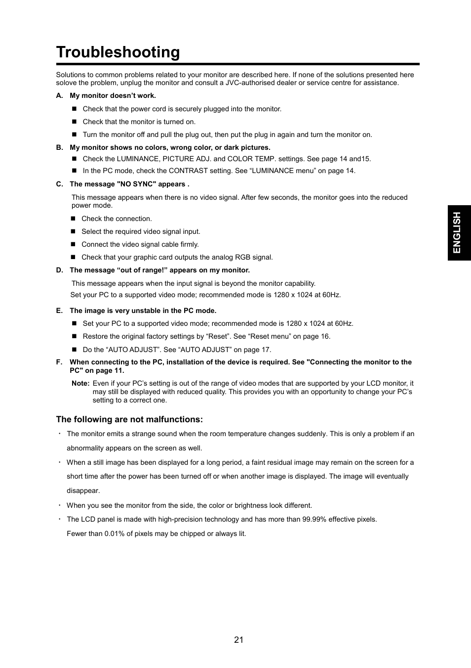 Troubleshooting, English | JVC GD-17L1G User Manual | Page 21 / 24